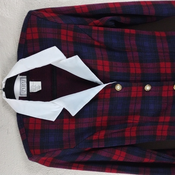 D.B.Y. Red Blue Tartan One Notched Button Long Sleeve Elastic Pull On Skirt Set - Picture 3 of 16